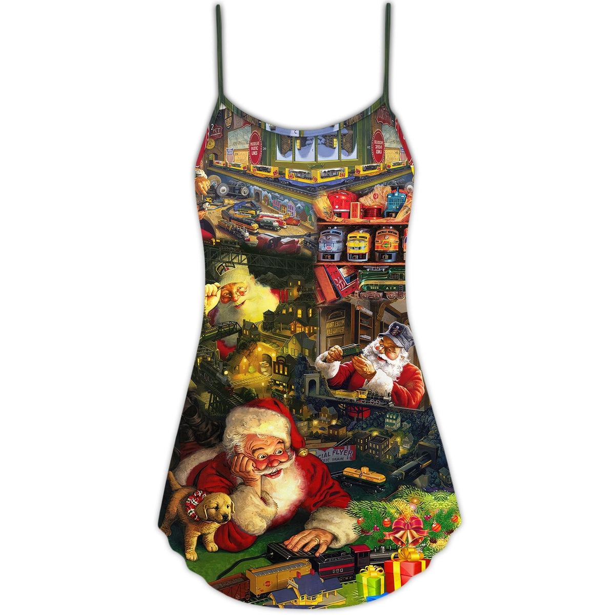 Christmas Santa Toy Train Factory V-Neck Sleeveless Cami Dress For Festive Events And Casual Summer Styling