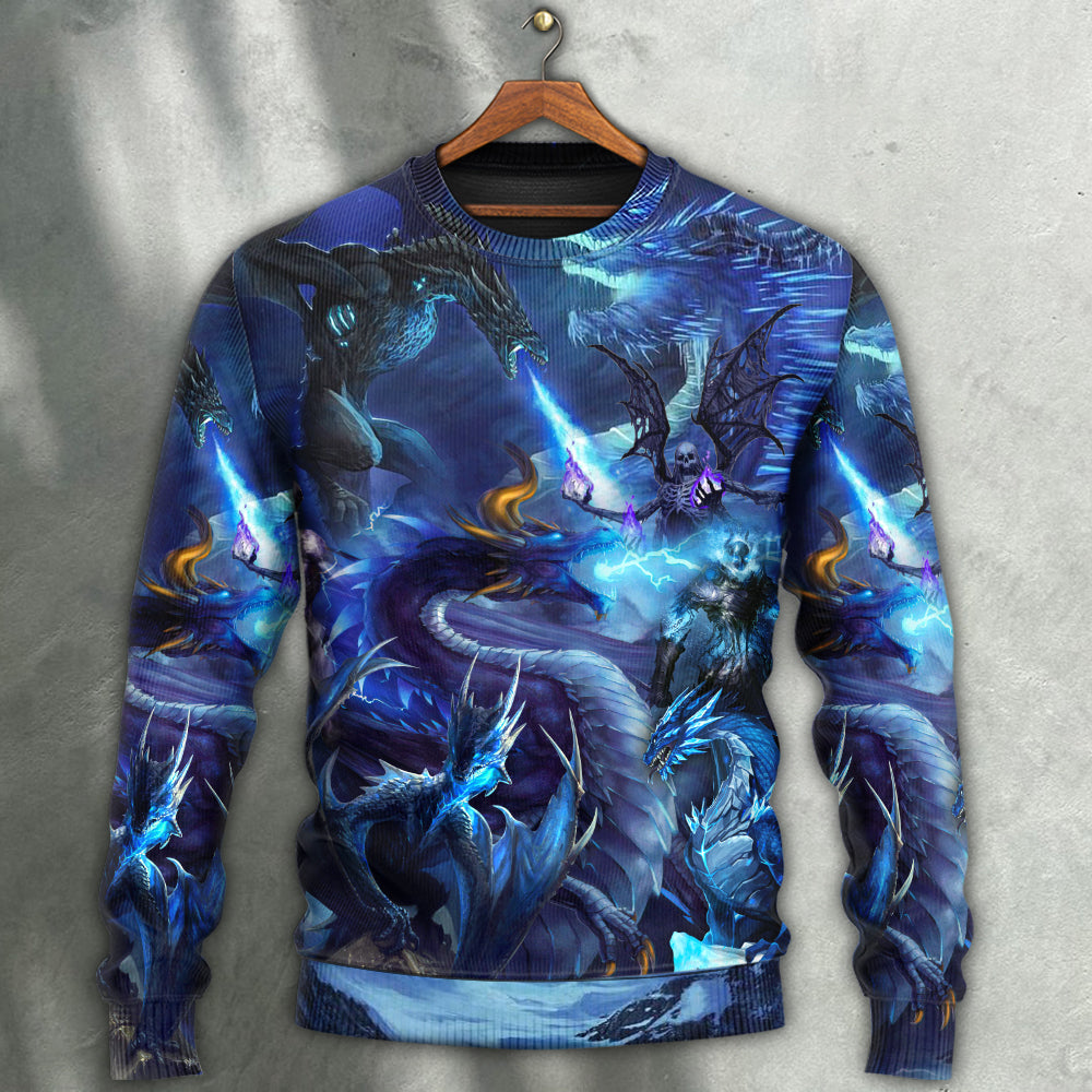 Blue Dragon Skull Fire Lightning Sweater For Fantasy Fans Casual Outings And Weekend Adventures