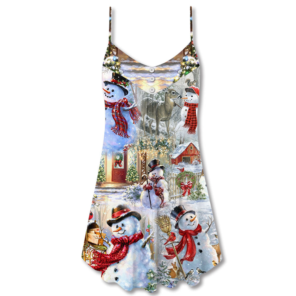 Snowman Merry Christmas V-Neck Sleeveless Cami Dress For Holiday Parties And Relaxed Vacation Wear