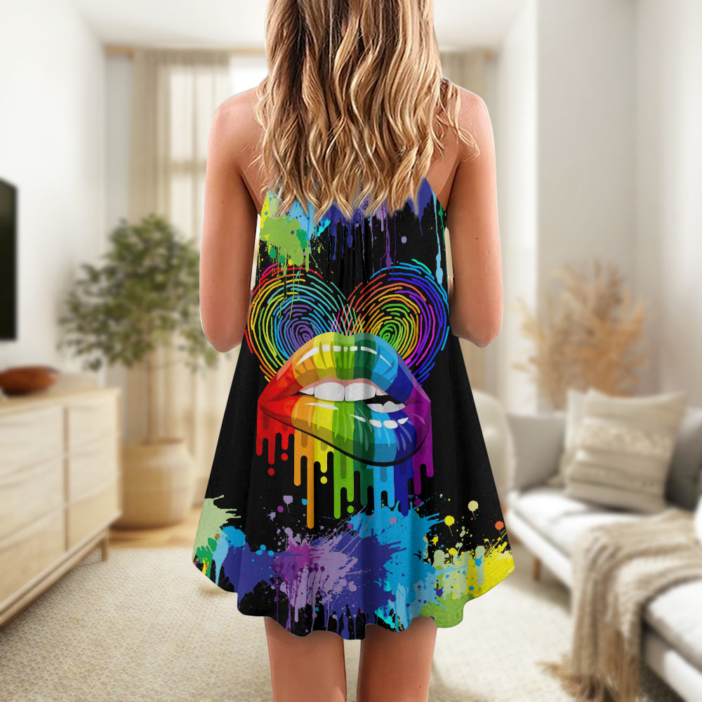 Pride Lips Color Of Happiness V-Neck Sleeveless Cami Dress For Festivals Travel And Relaxed Casual Summer Wear