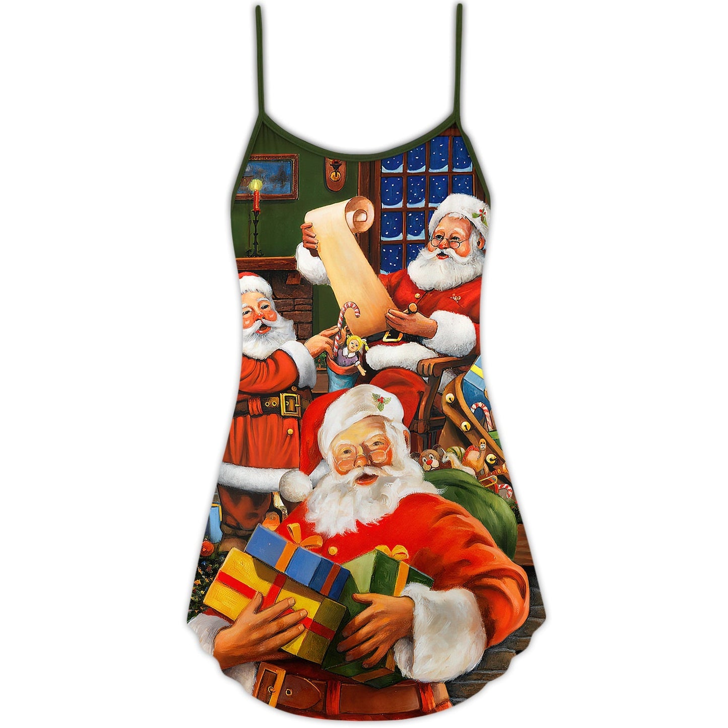 Santa Gift Holiday Art V-Neck Sleeveless Cami Dress For Vacations Parties And Expressive Warm Weather Styling
