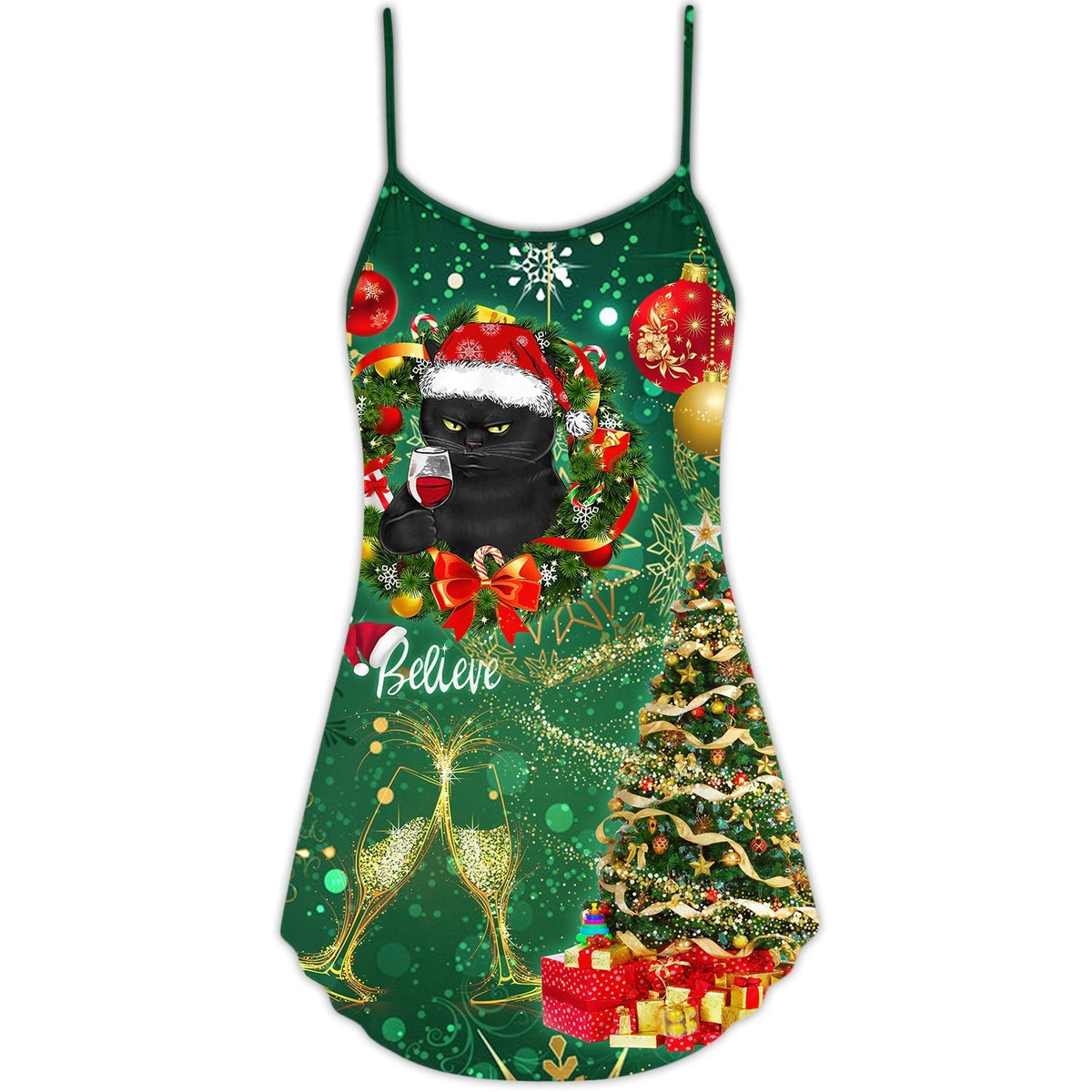 Christmas Black Cat Drinking Tree Lights V-Neck Sleeveless Cami Dress For Vacations And Casual Warm Weather Wear