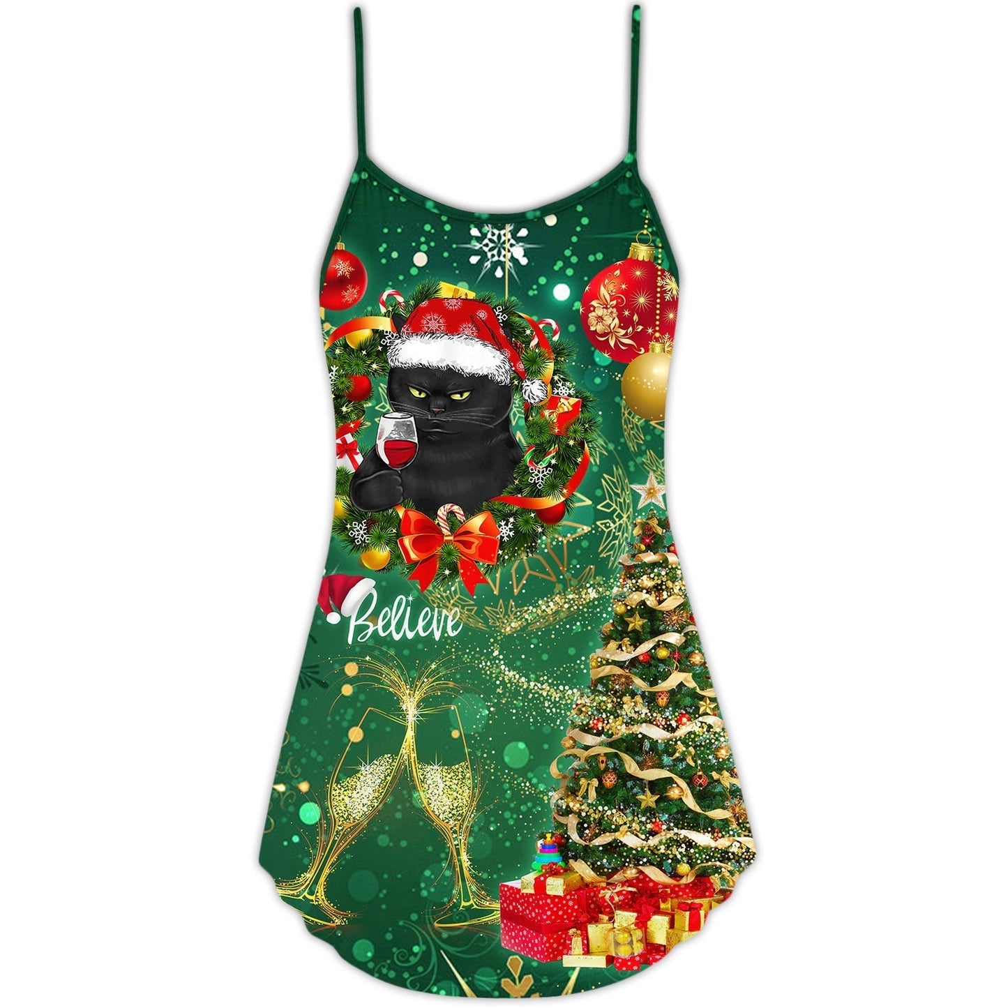 Christmas Black Cat Drinking Tree Lights V-Neck Sleeveless Cami Dress For Vacations And Casual Warm Weather Wear
