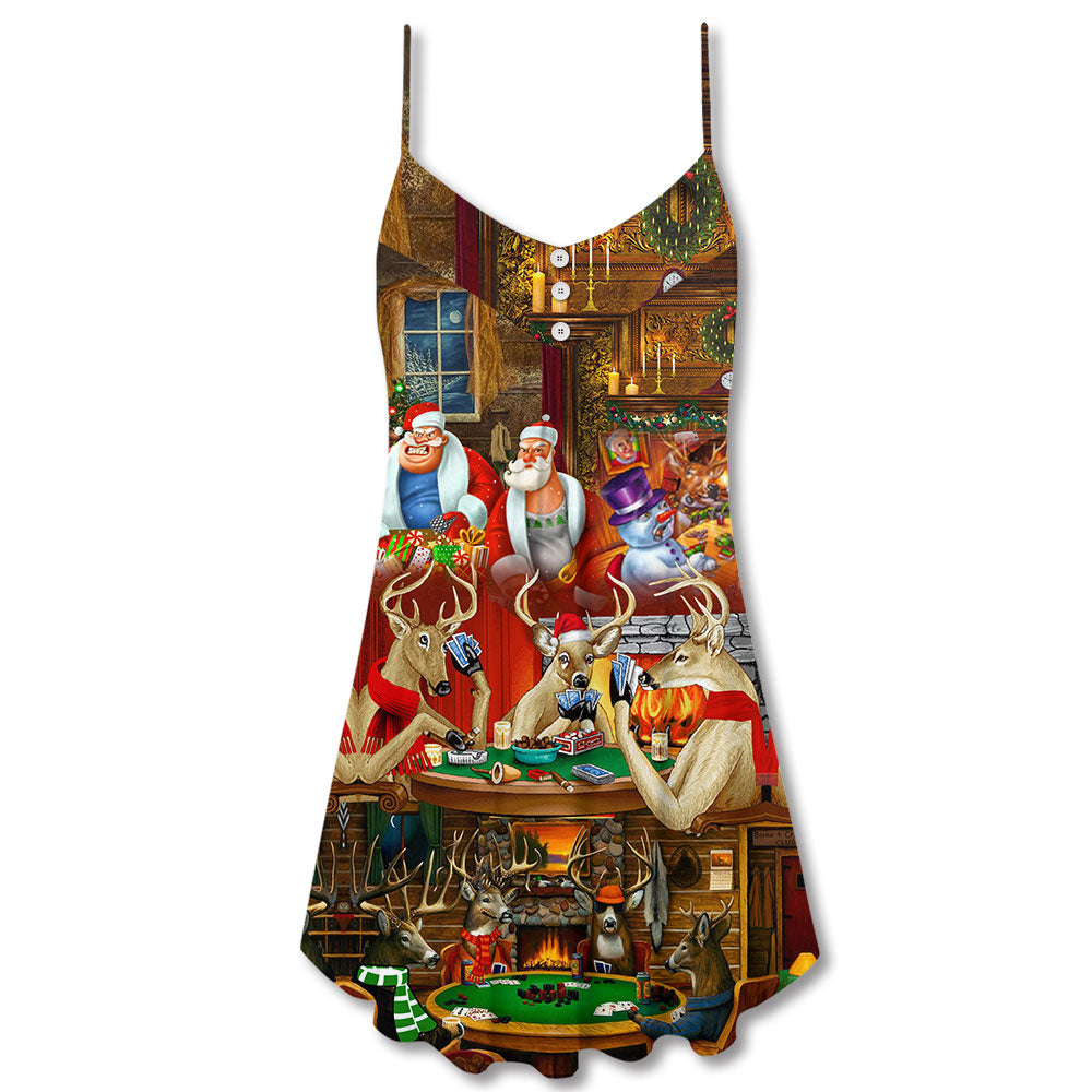 Poker Santa Friends Merry Christmas Snow V-Neck Sleeveless Cami Dress For Vacations And Casual Warm Weather Wear