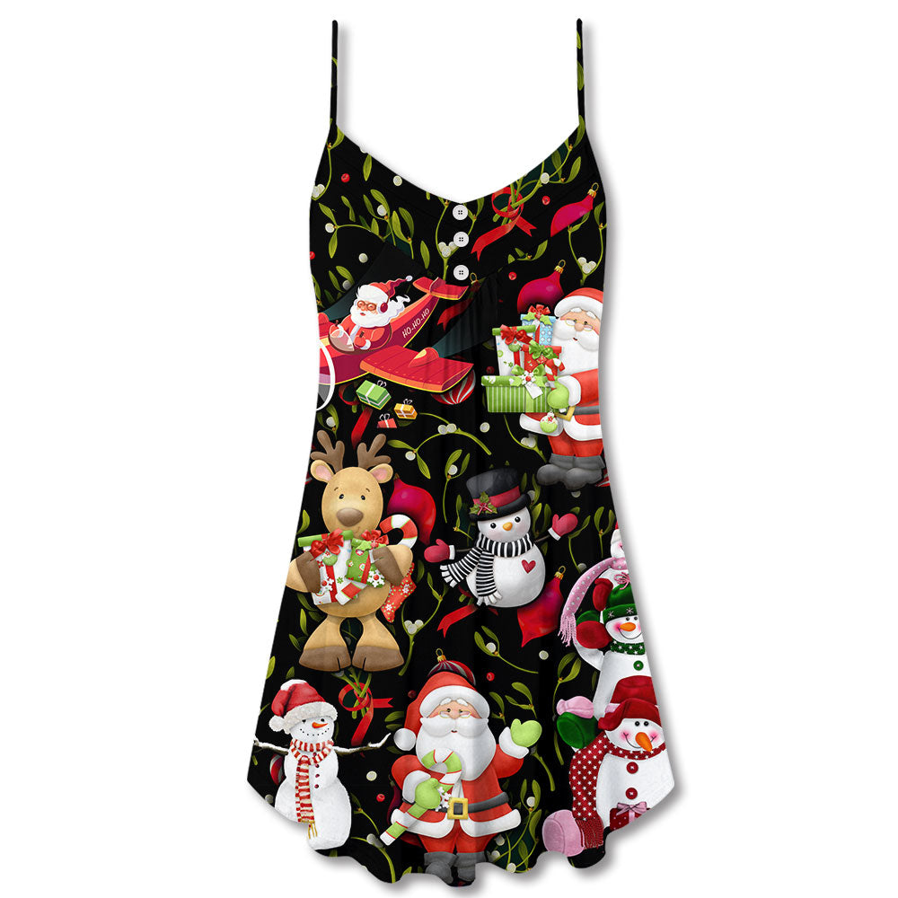 Joyful Santa Snowman V-Neck Sleeveless Cami Dress For Festive Events And Casual Summer Styling
