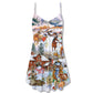 Christmas Love Horse And Farm V-Neck Sleeveless Cami Dress For Vacations And Casual Warm Weather Wear