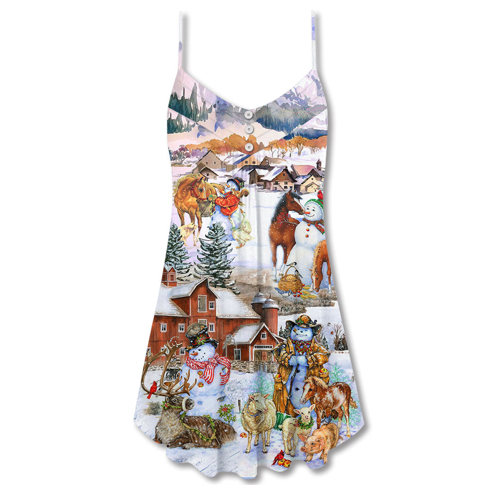 Christmas Love Horse And Farm V-Neck Sleeveless Cami Dress For Vacations And Casual Warm Weather Wear