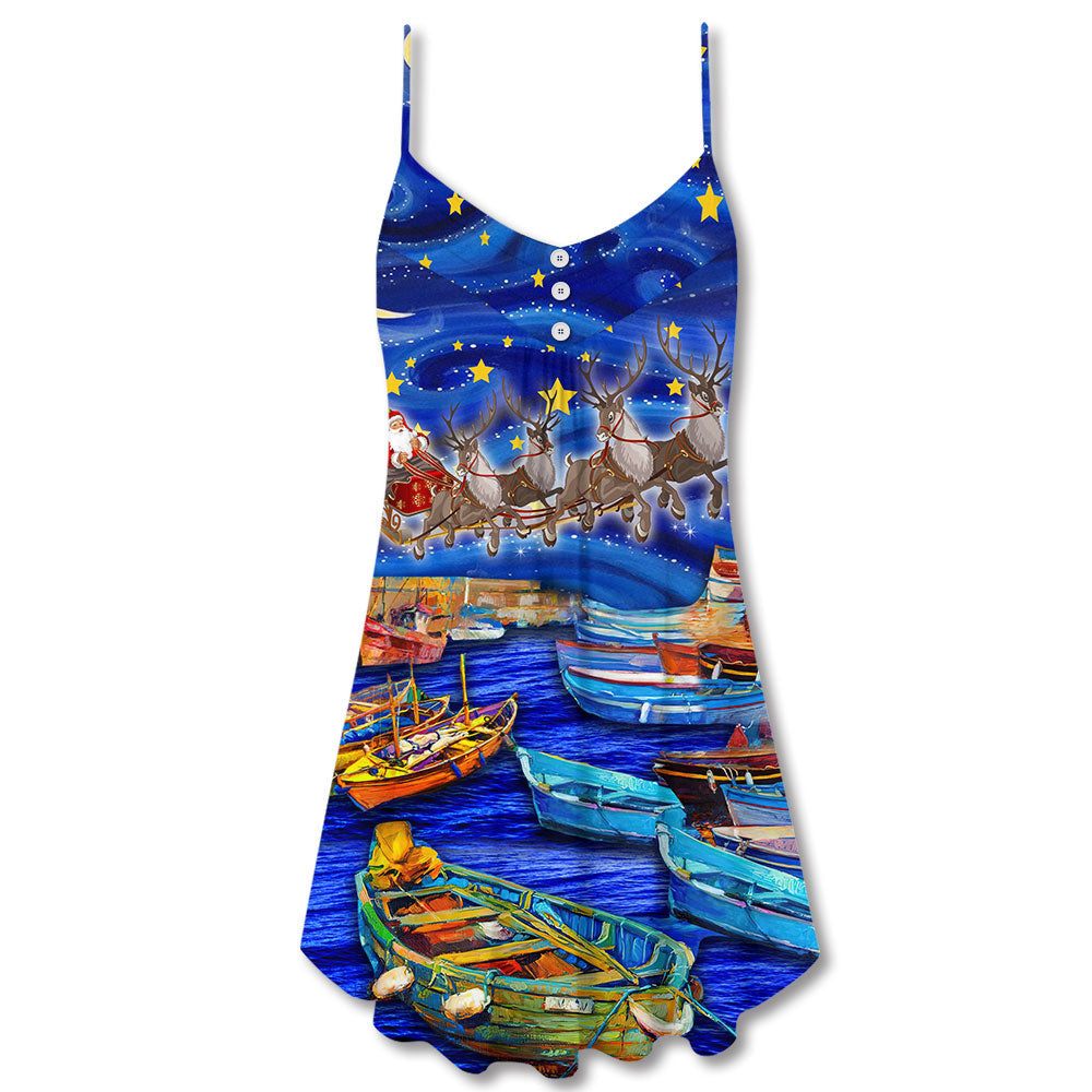Boat Santa Merry Christmas Snow V-Neck Sleeveless Cami Dress For Festivals Travel And Relaxed Casual Summer Wear
