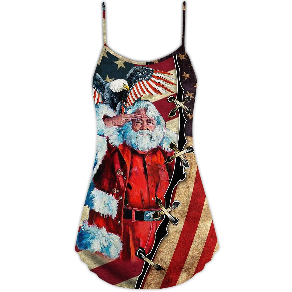 Christmas Patriotic Santa Flag Theme V-Neck Sleeveless Cami Dress For Vacations And Casual Warm Weather Wear