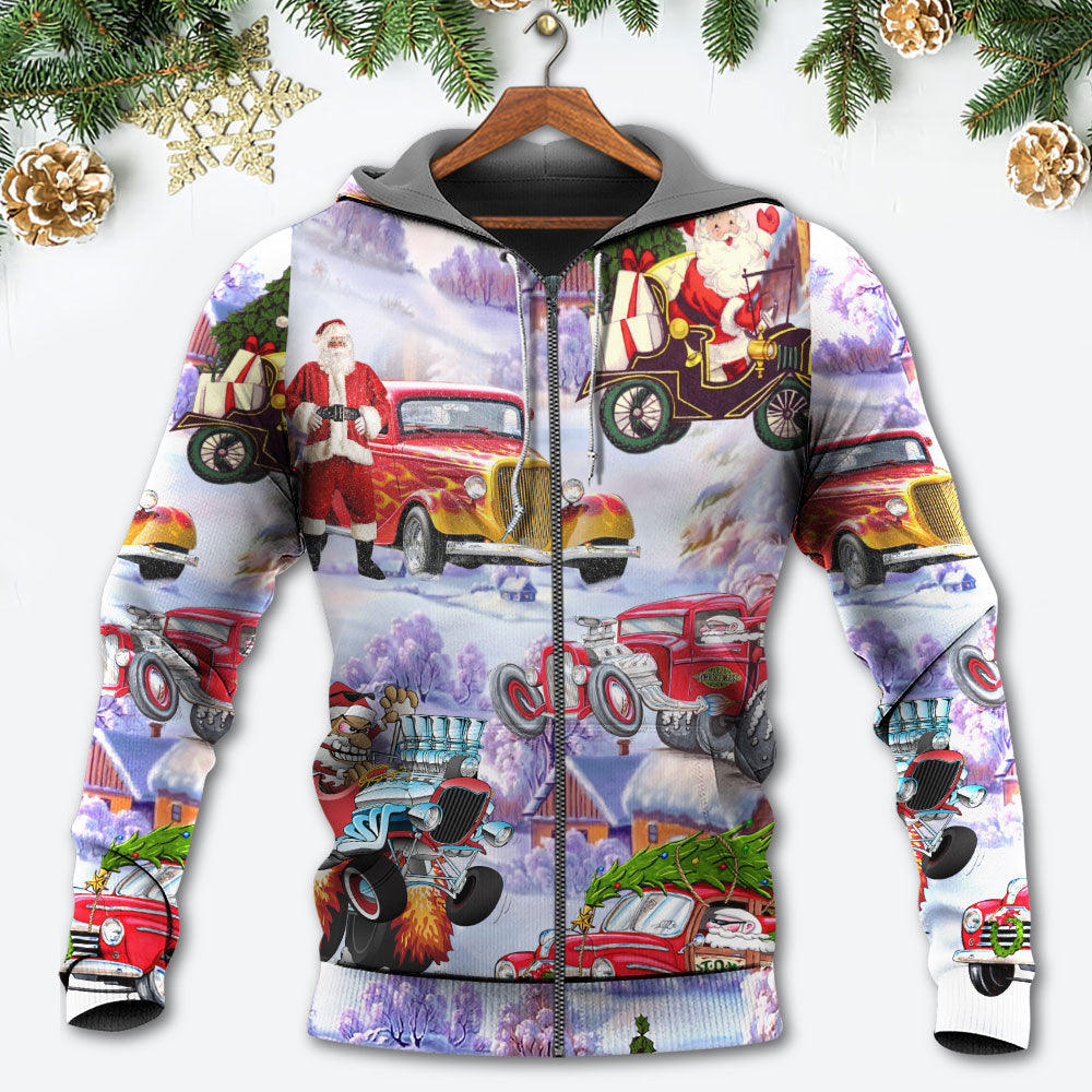 Santa Hot Rod Christmas Tree Hoodie For Winter Adventures Family Gatherings And Festive Everyday Style