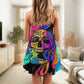 Skull And Moth Neon Butterfly Night V-Neck Sleeveless Cami Dress For Vacations And Casual Warm Weather Wear