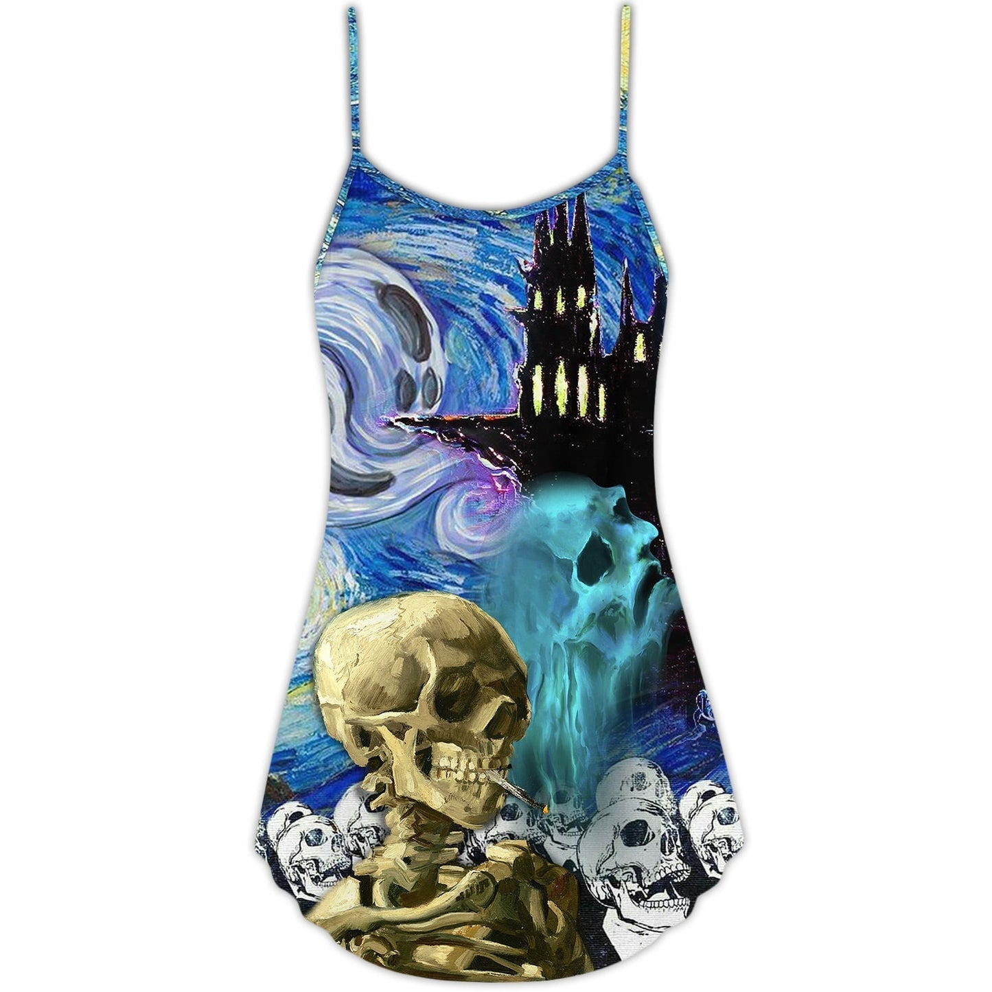Halloween Skull Smoke Starry Night V-Neck Sleeveless Cami Dress For Summer Events And Comfortable Everyday Style