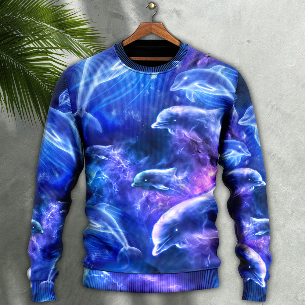 Dolphin Galaxy Neon Glow Sweater For Seaside Adventures Outdoor Events And Relaxed Daily Style
