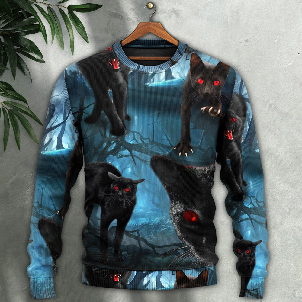 Halloween Black Cat Spooky Sweater For Art Lovers Holidays Parties And Comfortable Wear