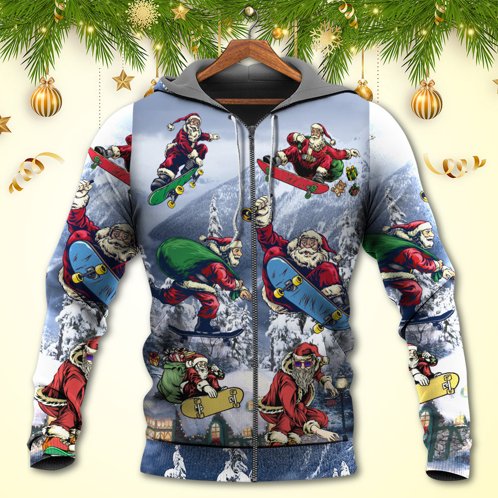 Santa Skateboard Snow Mountain Hoodie For Festive Celebrations Seasonal Trips And Relaxed Winter Wear