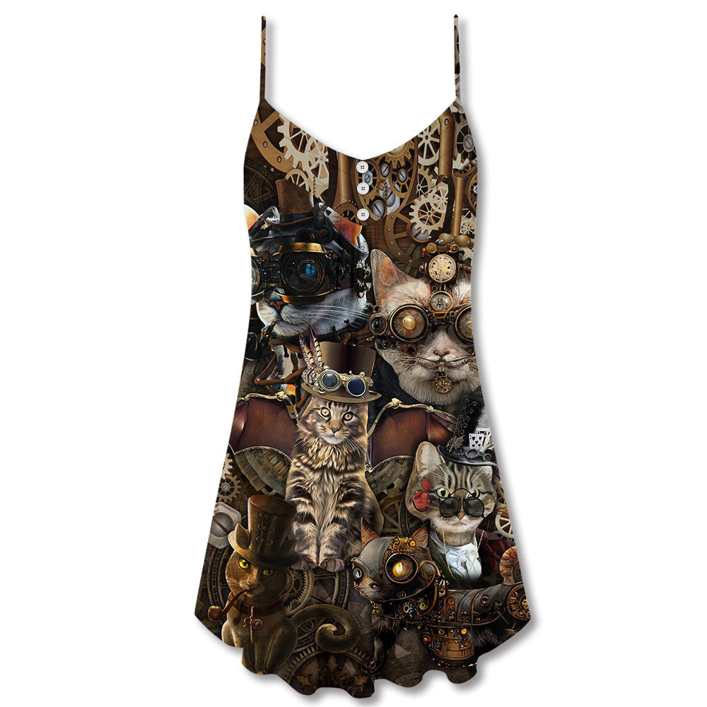 Steampunk Cat Mad Style V-Neck Sleeveless Cami Dress For Vacations And Casual Warm Weather Wear