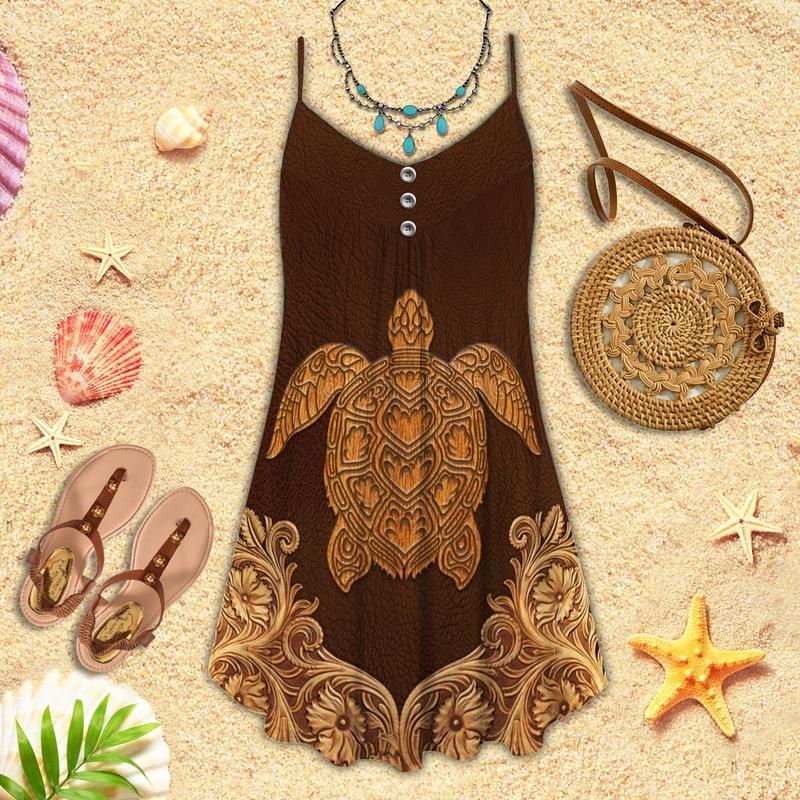 Vintage Turtle Is Beach Soul V-Neck Sleeveless Cami Dress For Coastal Travel And Relaxed Summer Wear