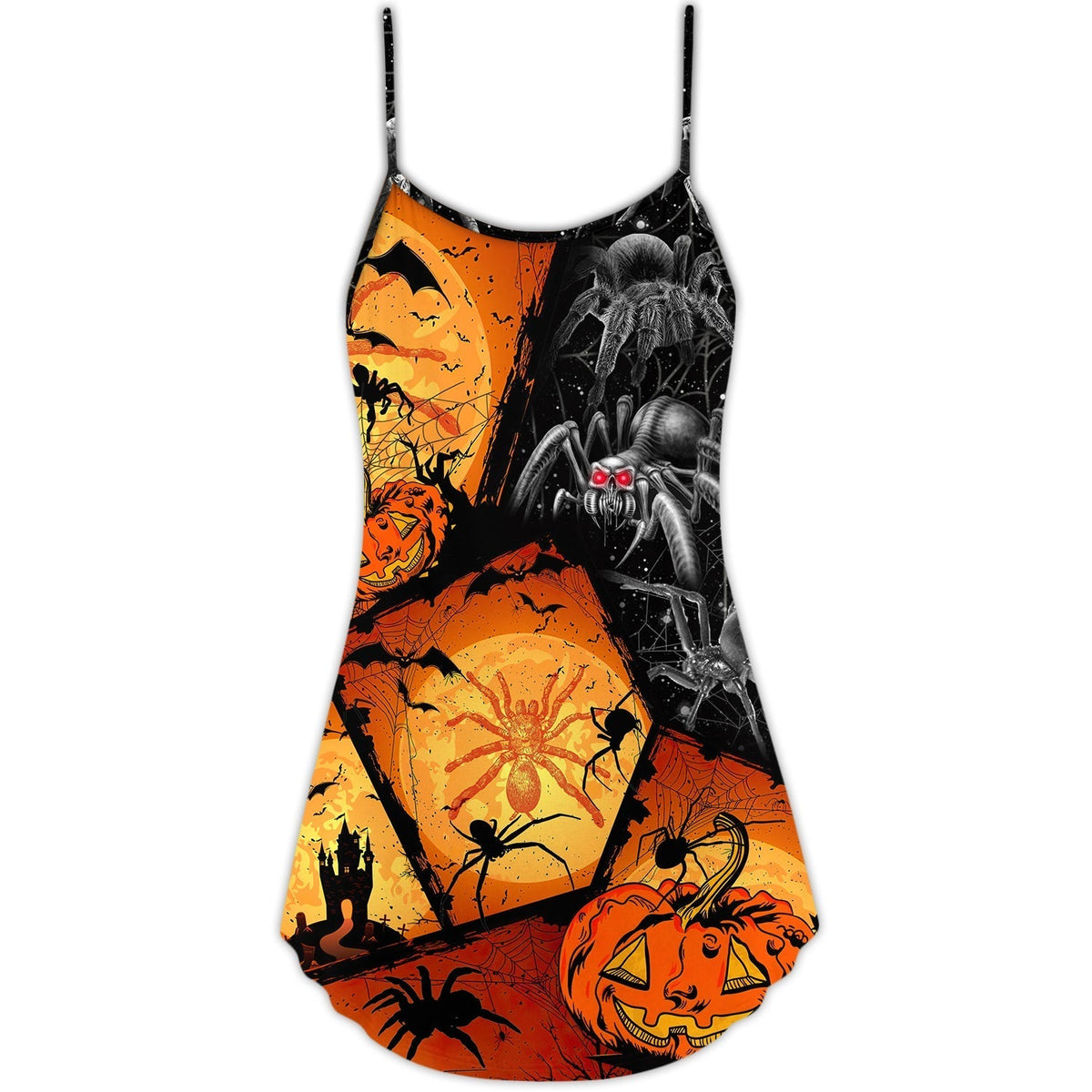 Halloween Spider Pumpkin Night V-Neck Sleeveless Cami Dress For Festivals Travel And Relaxed Casual Summer Wear