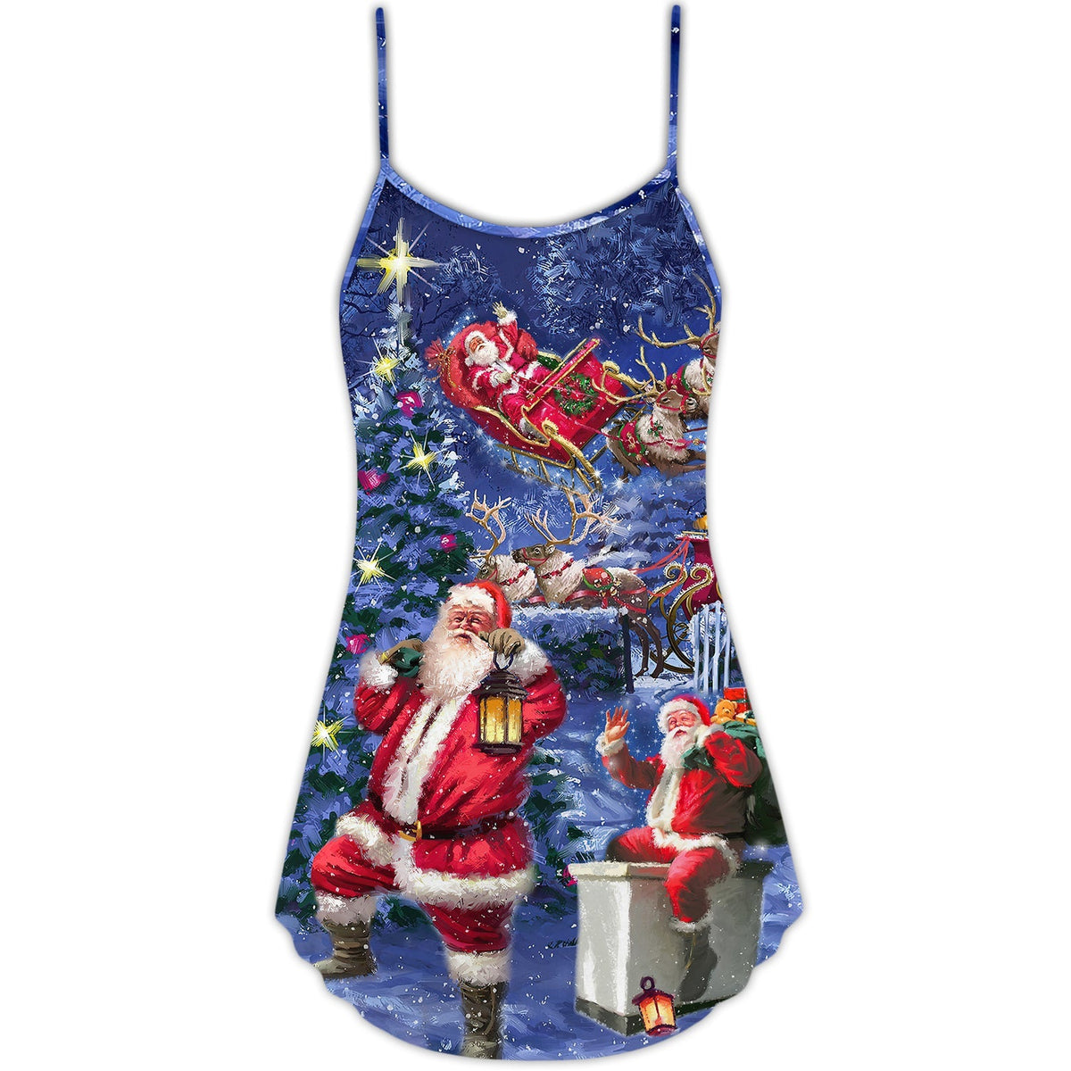 Santa Cozy Light Art V-Neck Sleeveless Cami Dress For Holiday Celebrations Vacations And Cheerful Casual Wear