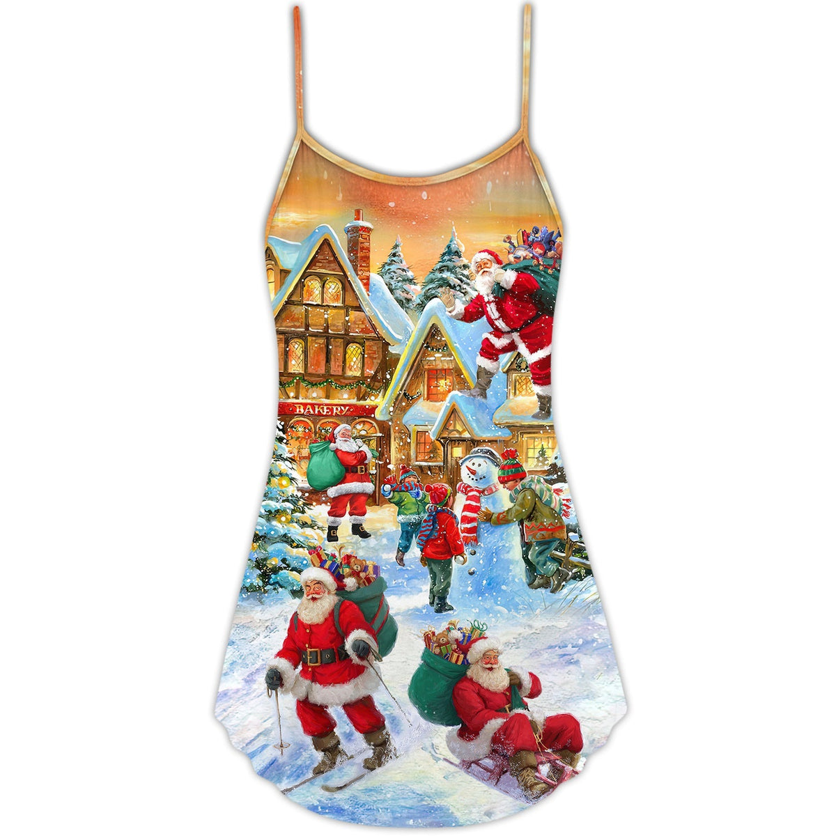 Santa In Town Holiday V-Neck Sleeveless Cami Dress For Holiday Celebrations Vacations And Cheerful Casual Wear