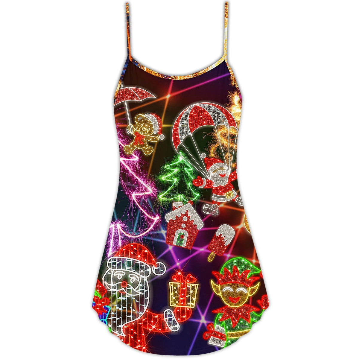 Christmas Santa Tree Elf Gingerbread Neon V-Neck Sleeveless Cami Dress For Summer Events And Comfortable Everyday Style