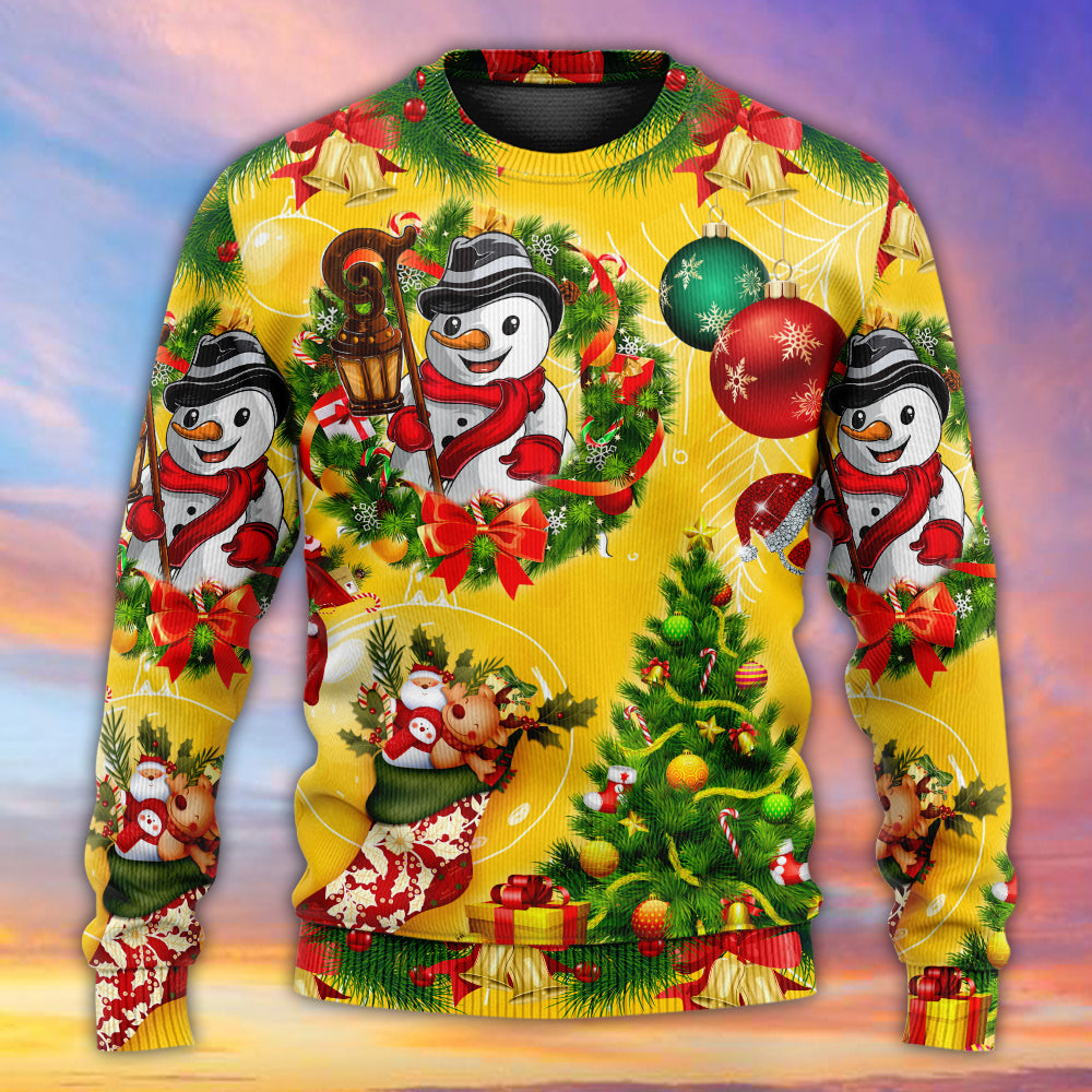 Christmas Funny Snowman Tree Yellow Glow Sweater For Festive Parties Family Photos And Comfortable Seasonal Wear
