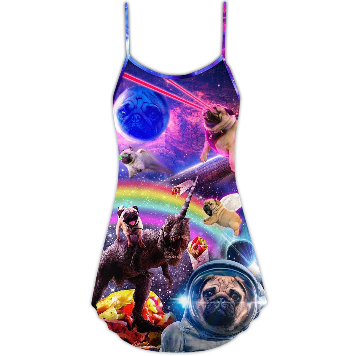 Pug Galaxy Rainbow Fun Style V-Neck Sleeveless Cami Dress For Pride Parties Festivals And Sunny Summer Getaways