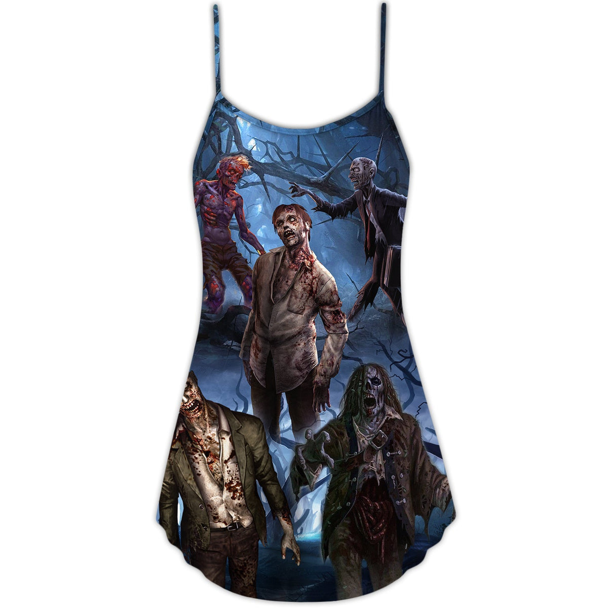 Halloween Zombie Dark Scary V-Neck Sleeveless Cami Dress For Summer Vacations Festivals And Casual Everyday Wear