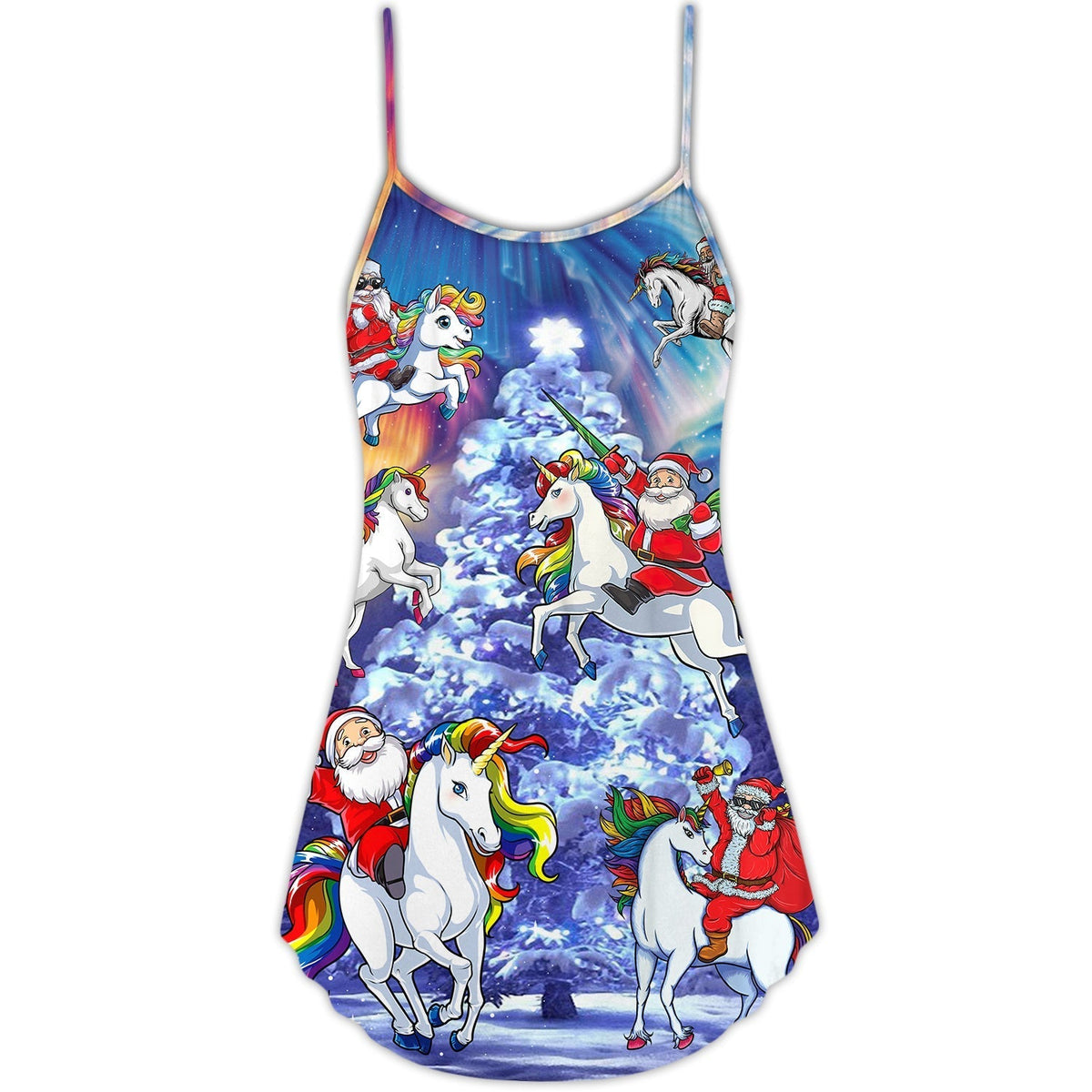 Santa Riding Unicorn Rainbow Night V-Neck Sleeveless Cami Dress For Summer Events And Comfortable Everyday Style