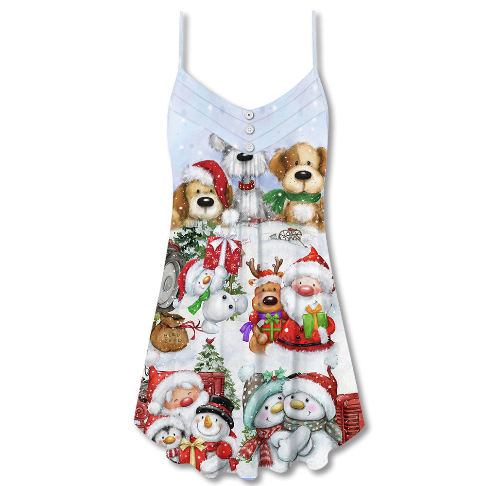 Santa And Snowman Happy Together V-Neck Sleeveless Cami Dress For Summer Events And Comfortable Everyday Style