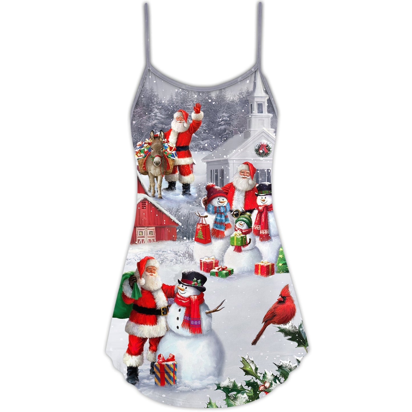 Santa Snowman Town Scene V-Neck Sleeveless Cami Dress For Festive Gatherings Travel And Casual Holiday Styling