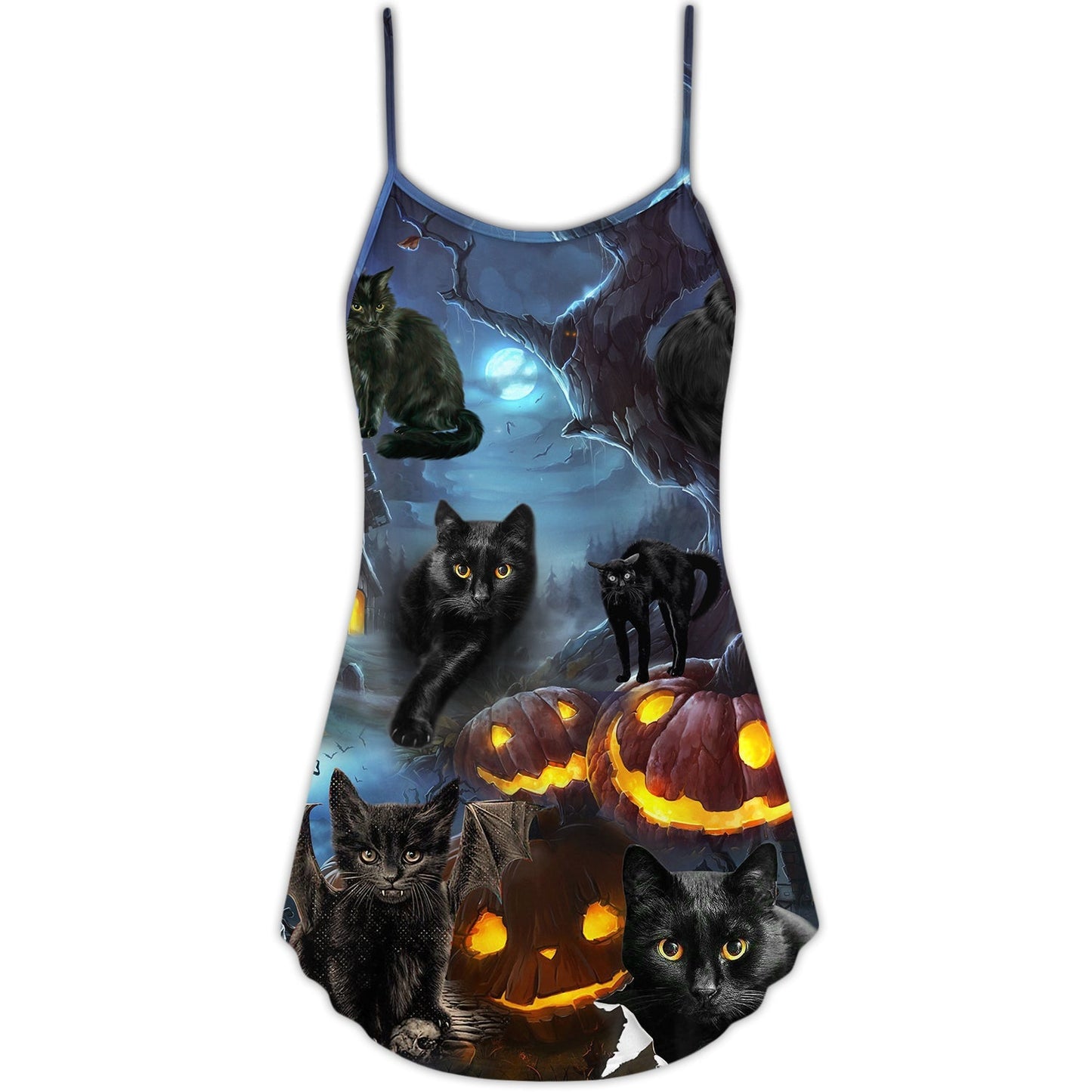 Halloween Black Cat Dark Night V-Neck Sleeveless Cami Dress For Festivals Travel And Relaxed Casual Summer Wear