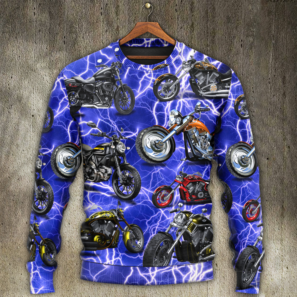 Motorcycle Lightning Blue Sweater For Vehicle Lovers Holidays Weekend Trips And Comfortable Wear