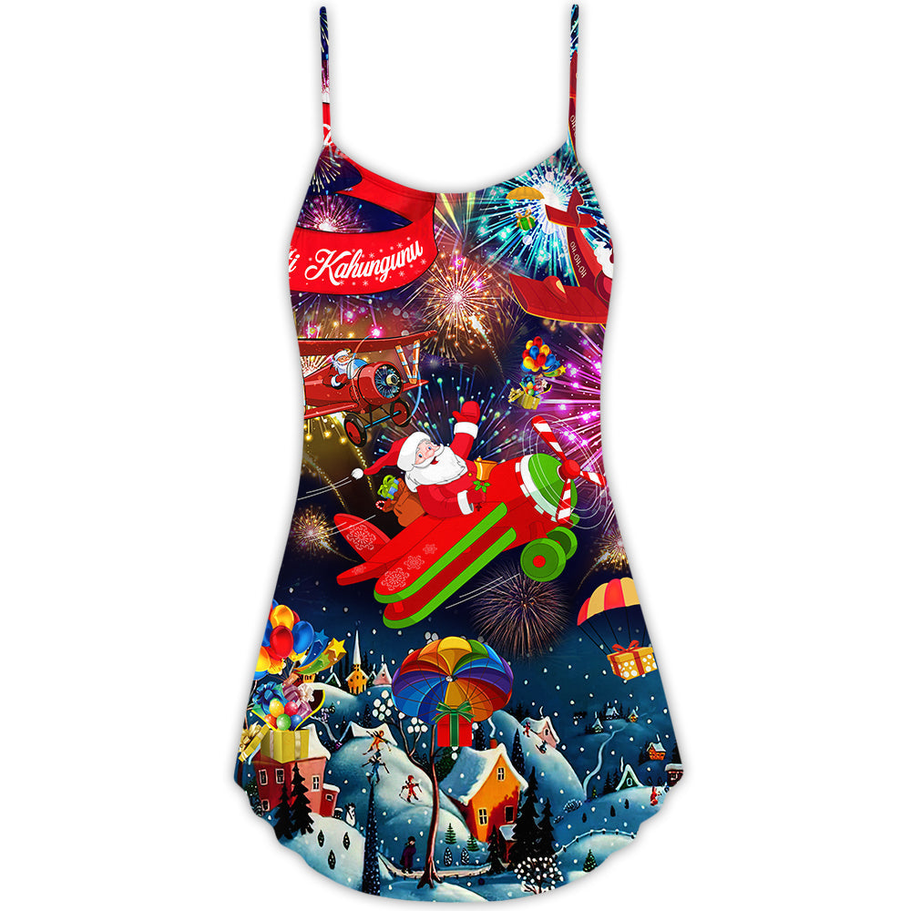 Christmas Airplane Holiday Greeting V-Neck Sleeveless Cami Dress For Festive Events And Casual Summer Styling