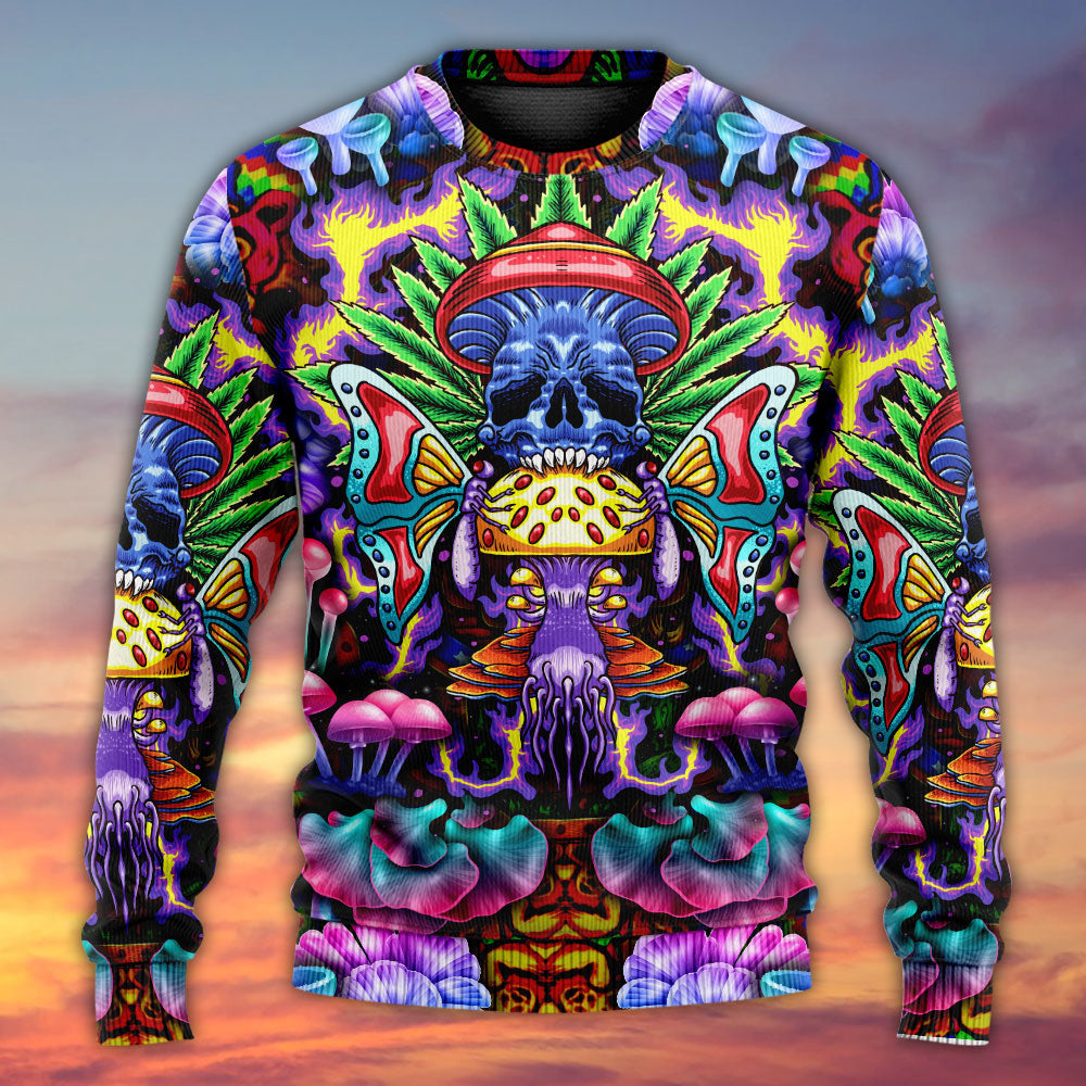 Hippie Mushroom And Skull Sweater For Art Lovers Holidays Parties And Comfortable Wear