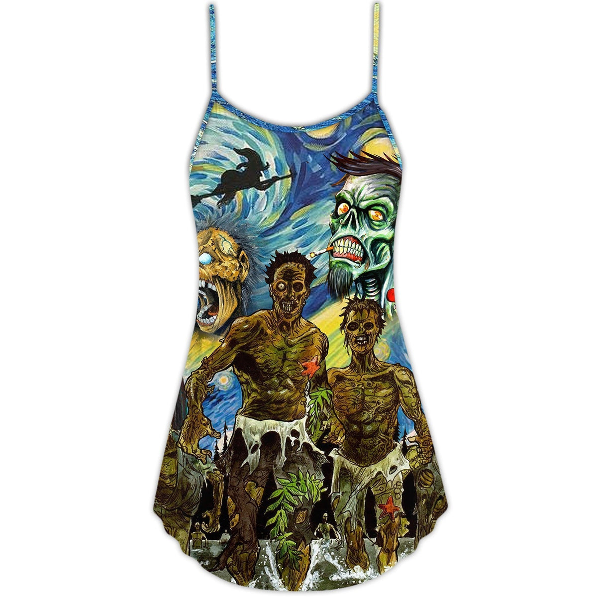 Halloween Zombie Starry Night Funny V-Neck Sleeveless Cami Dress For Vacations And Casual Warm Weather Wear