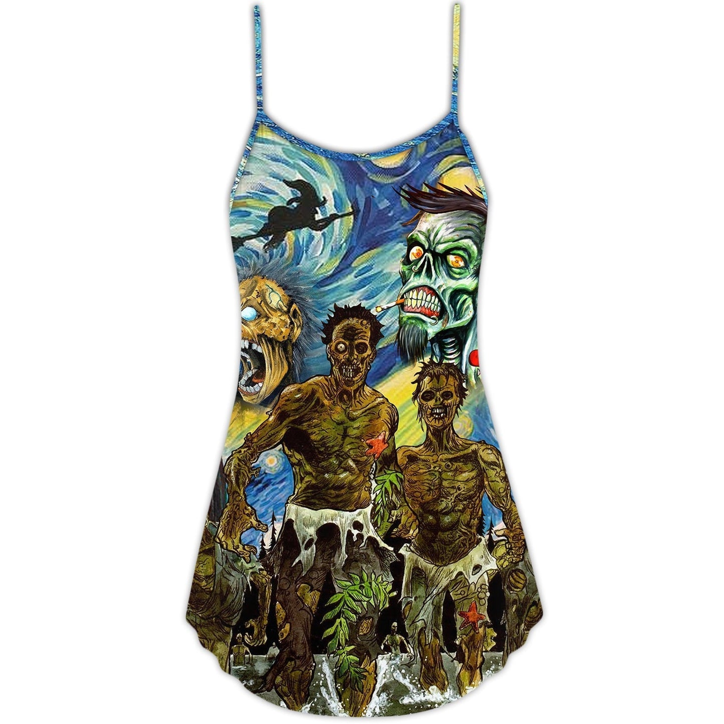 Halloween Zombie Starry Night Funny V-Neck Sleeveless Cami Dress For Vacations And Casual Warm Weather Wear