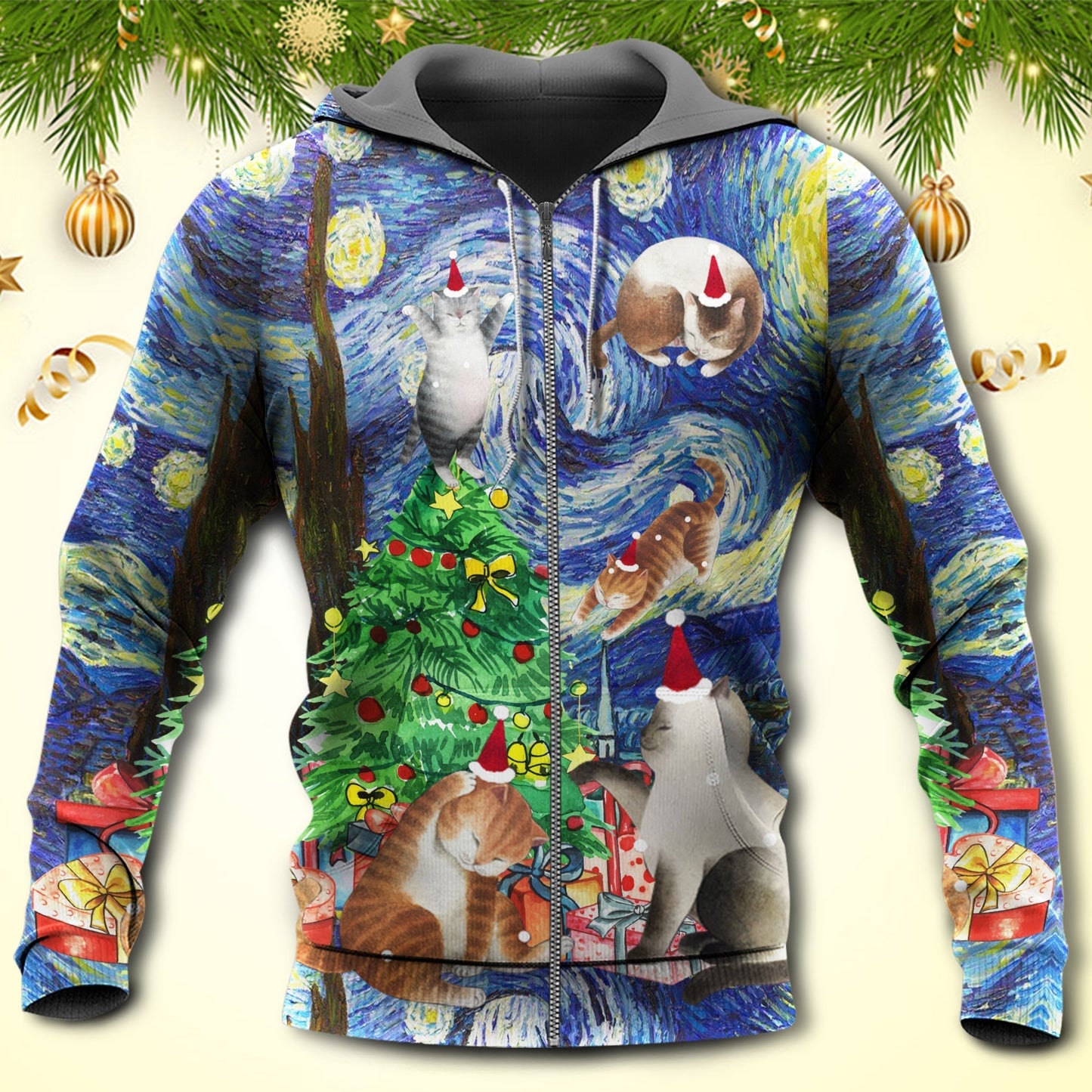 Christmas Cat Playing Starry Night Hoodie For Seasonal Parties Casual Wear And Thoughtful Holiday Gifts