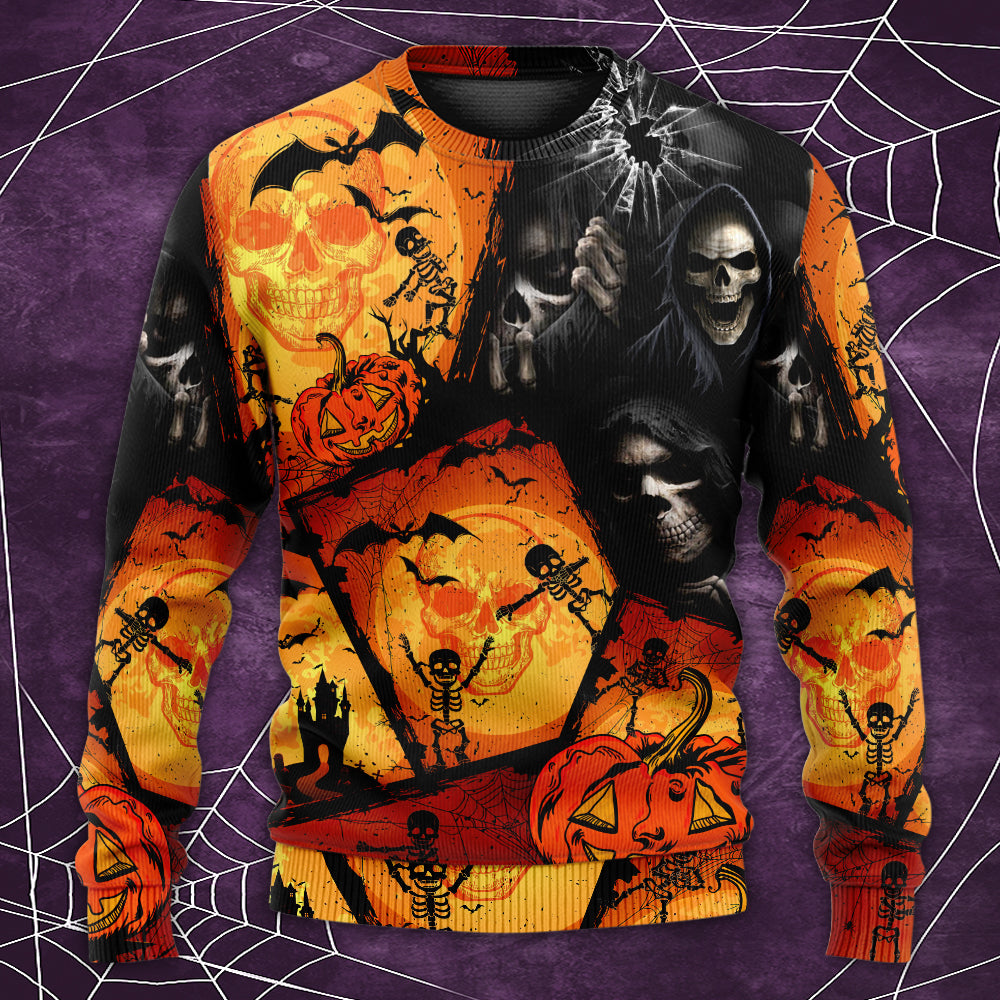 Halloween Skull Pumpkin Night Sweater For Art Lovers Holidays Parties And Comfortable Wear