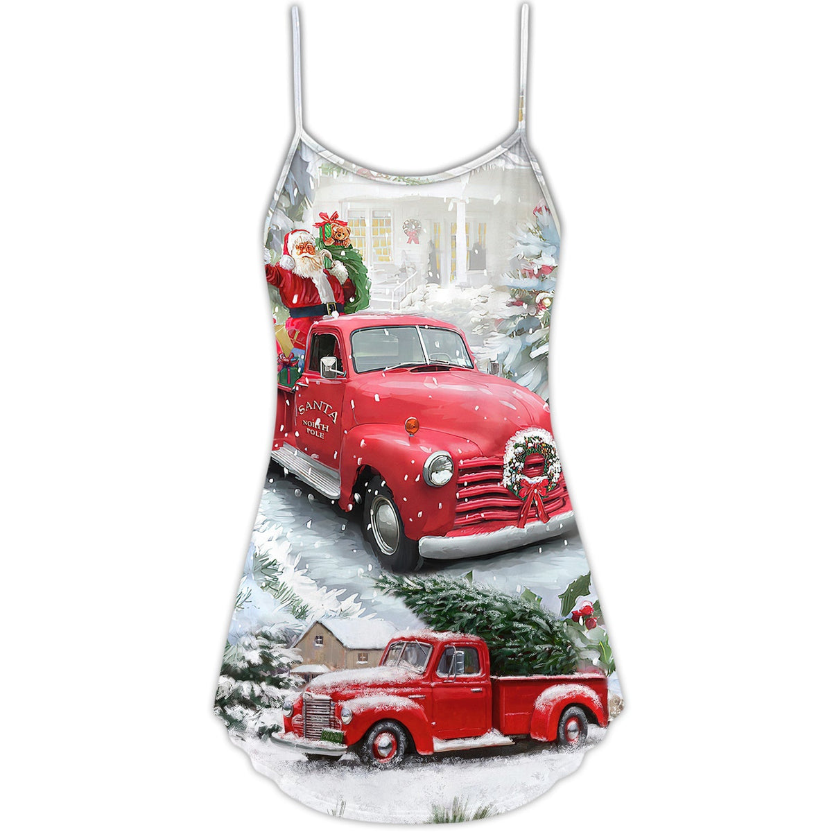 Santa Red Truck Christmas V-Neck Sleeveless Cami Dress For Festivals Travel And Relaxed Casual Summer Wear
