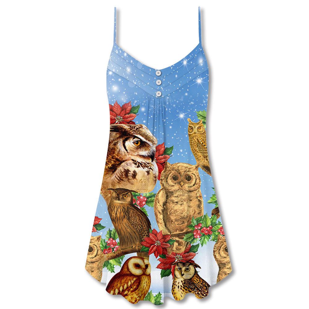 Owl Family Retro Merry Christmas V-Neck Sleeveless Cami Dress For Summer Events And Comfortable Everyday Style