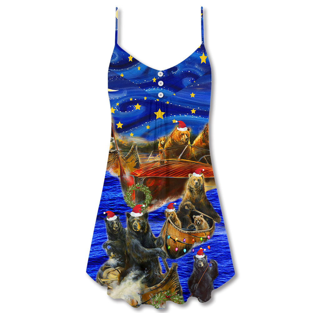 Bear And Boat Santa Merry Christmas Snow V-Neck Sleeveless Cami Dress For Vacations And Casual Warm Weather Wear