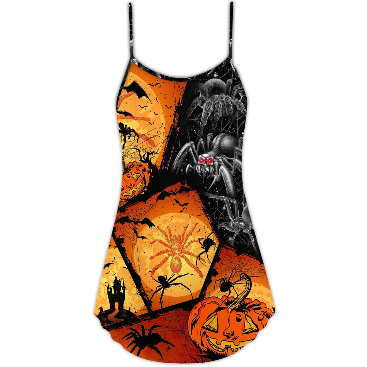 Halloween Spider Pumpkin Scary V-Neck Sleeveless Cami Dress For Spooky Season Events And Relaxed Casual Styling