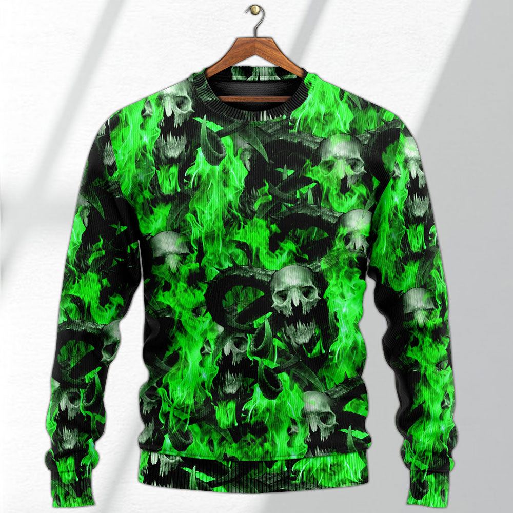 Green Flame Skull Burning Sweater For Alternative Outfits Seasonal Events And Everyday Comfort