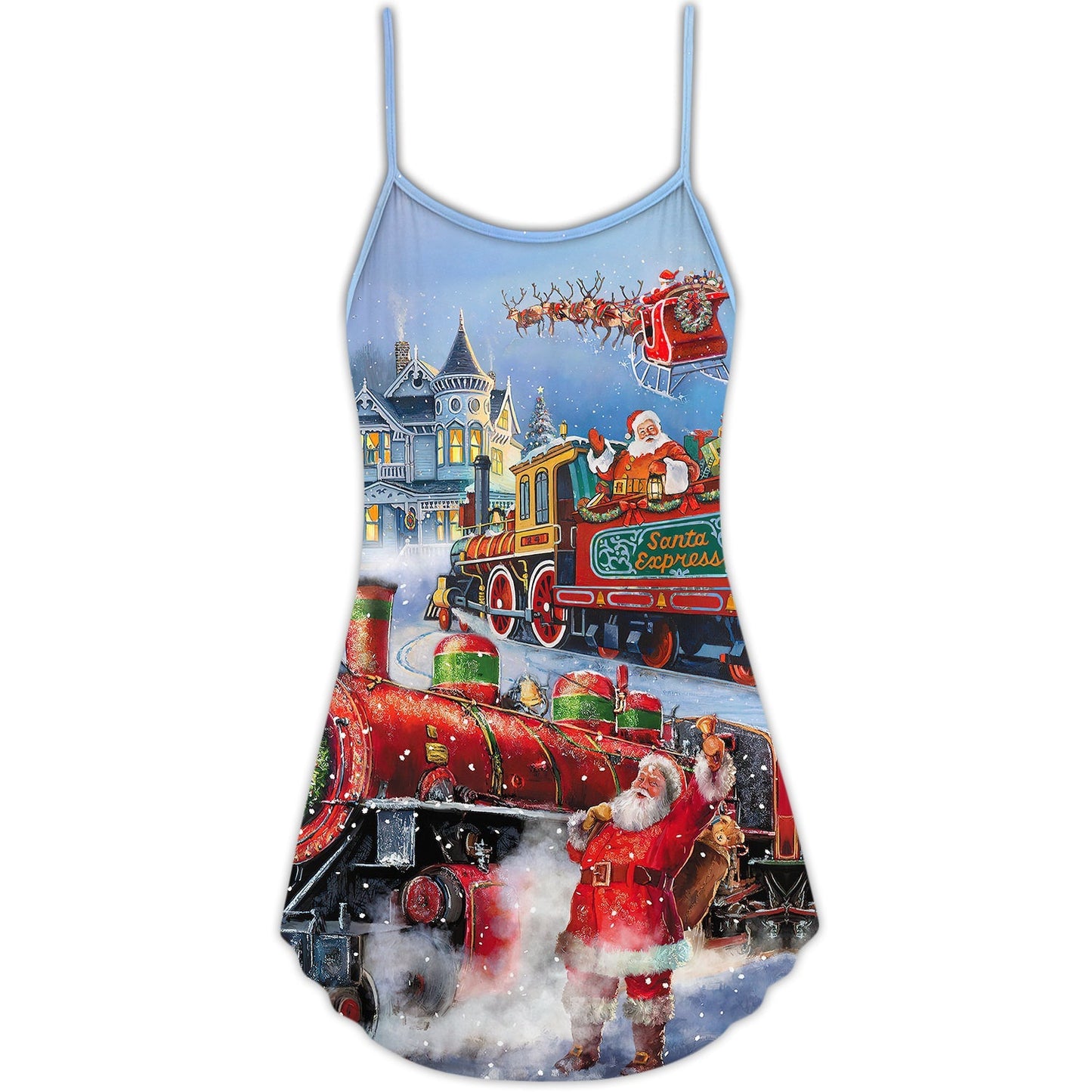 Santa Train Gift Christmas V-Neck Sleeveless Cami Dress For Beach Trips Parties And Relaxed Warm Weather Style