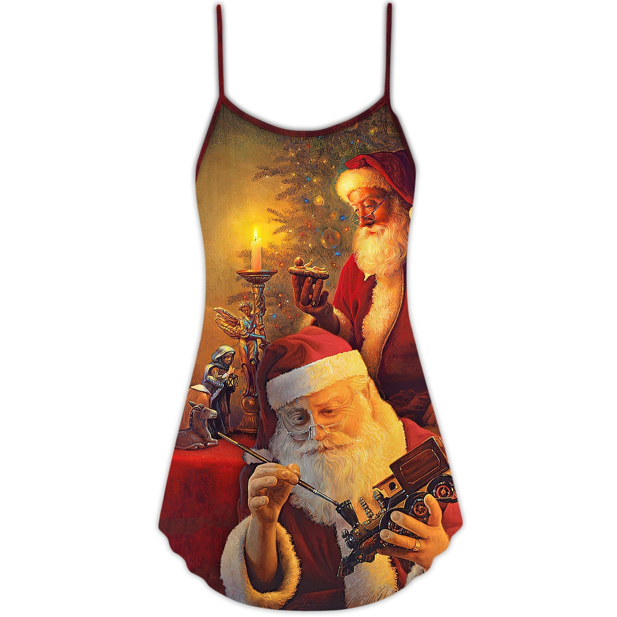 Christmas Spirit Of Santa Art V-Neck Sleeveless Cami Dress For Festive Events And Casual Summer Styling