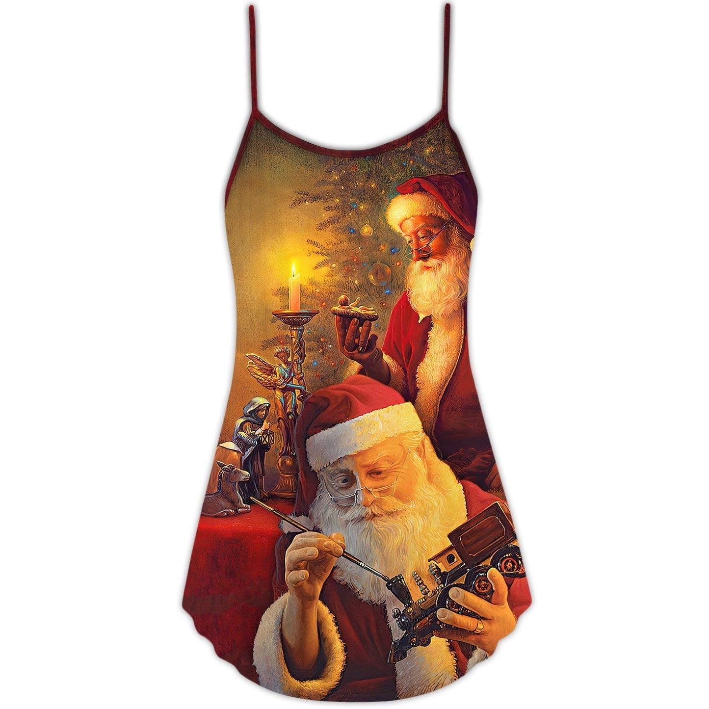 Christmas Spirit Of Santa Art V-Neck Sleeveless Cami Dress For Festive Events And Casual Summer Styling
