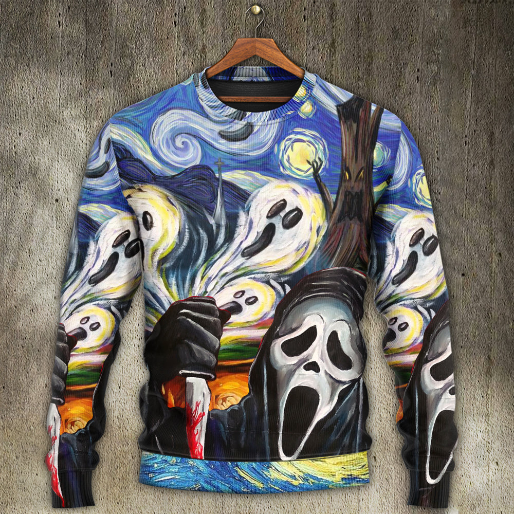 Halloween Ghost Starry Night Sweater For Art Fans Travel Parties And Distinctive Casual Style