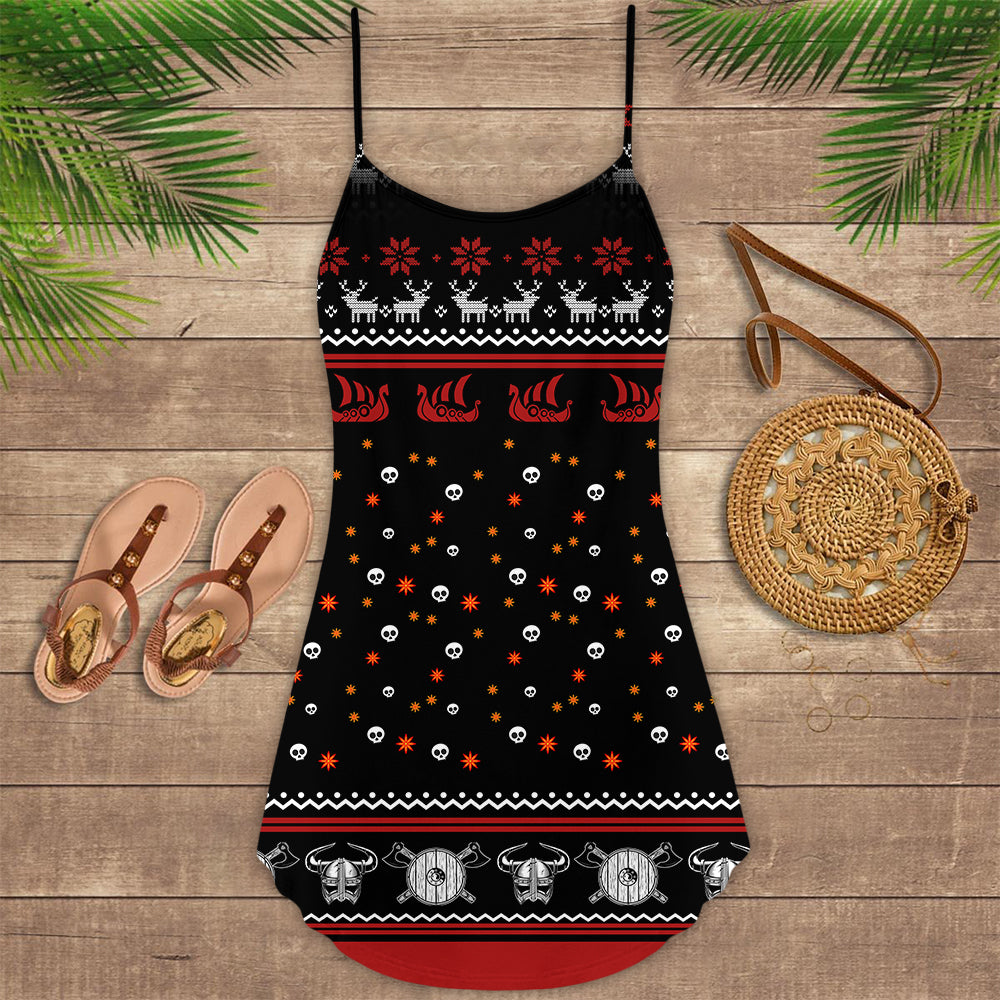 Nordic Warrior Red And White V-Neck Sleeveless Cami Dress For Festivals Travel And Relaxed Casual Summer Wear