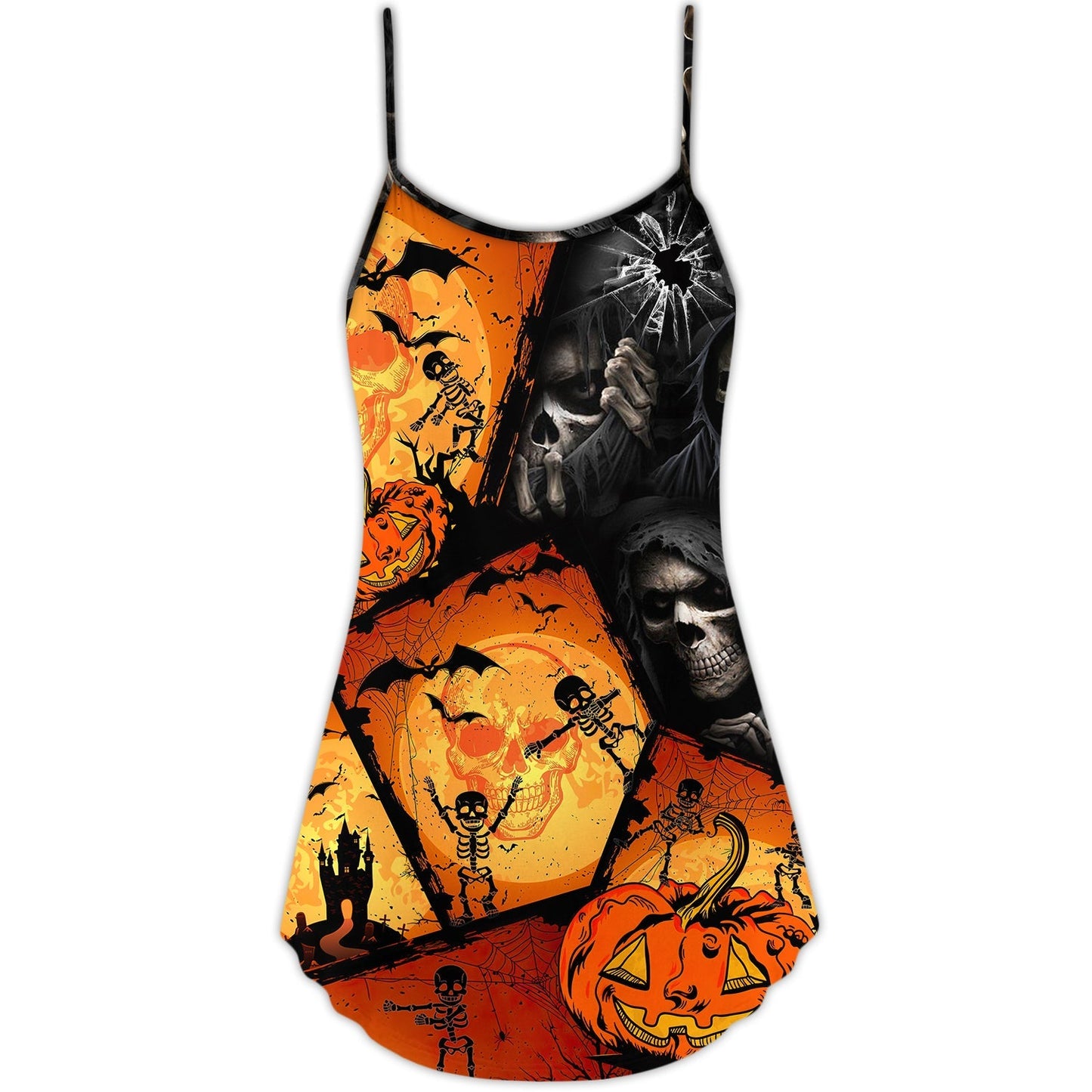 Halloween Skull Pumpkin Scary V-Neck Sleeveless Cami Dress For Vacations And Casual Warm Weather Wear